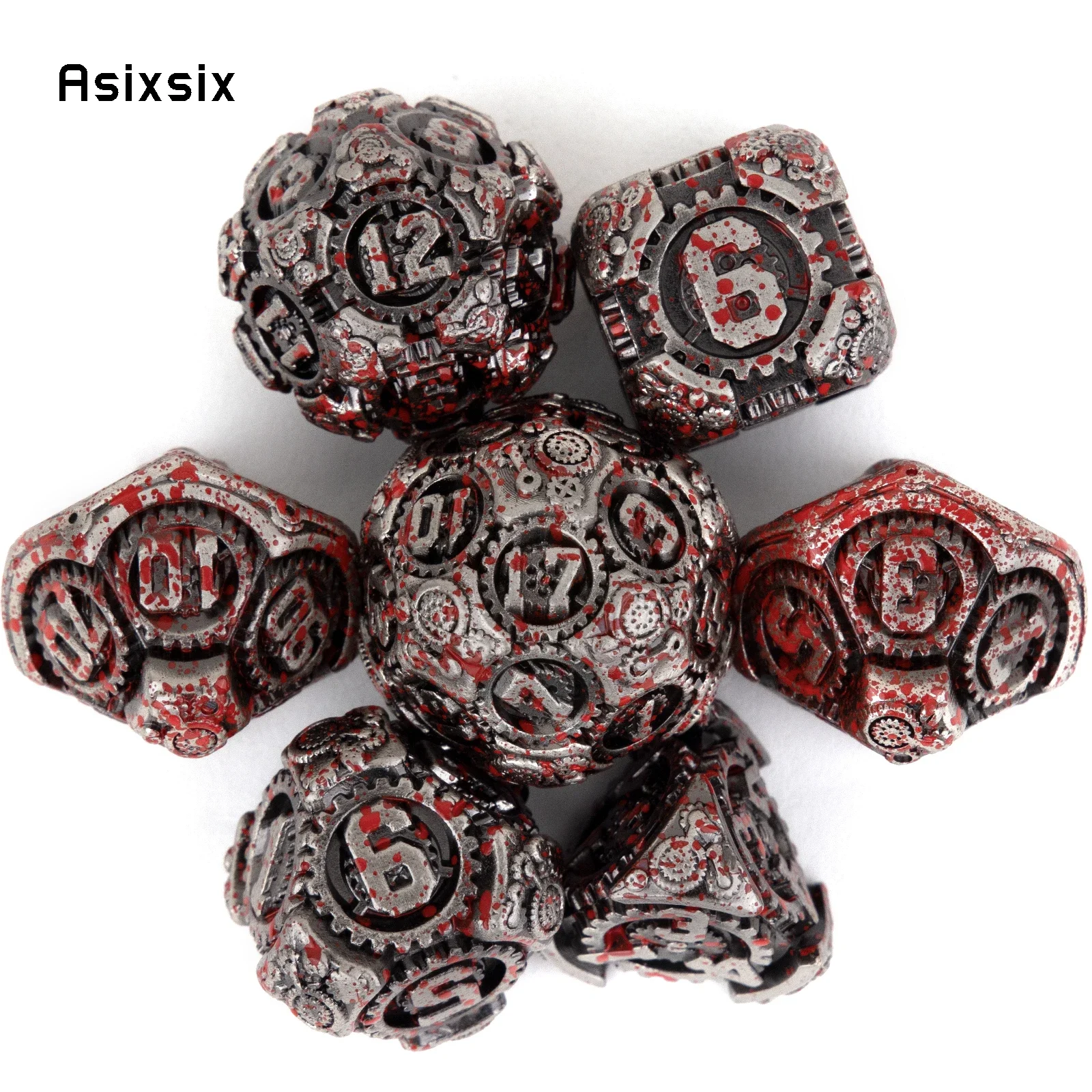 

7 Pcs Silver Red Gear Wheel Metal Dice Solid Metal Polyhedral Dice Set Suitable for Role-Playing RPG Board Game Card Game