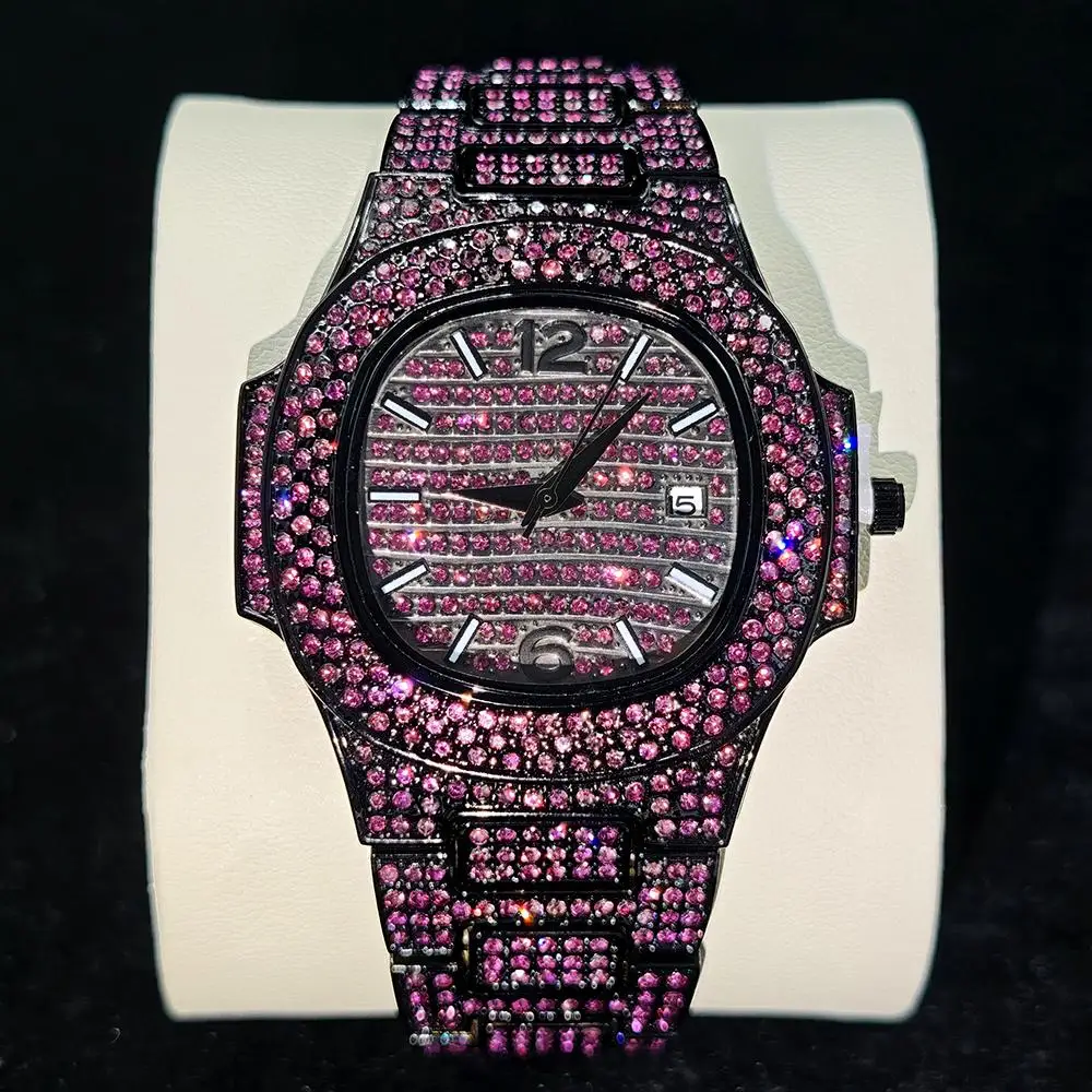 

Fashion Red Ice Watch For Men Brand UNIGUET Luxury Stainless Steel Quartz Watch Male Hip Hop Full Diamond Wristwatch Gift Reloj