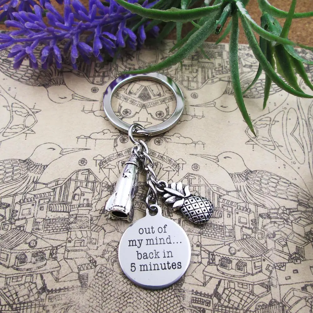 out of my mind ... back in 5 minutes Antique Charm keyring Gift Birthday