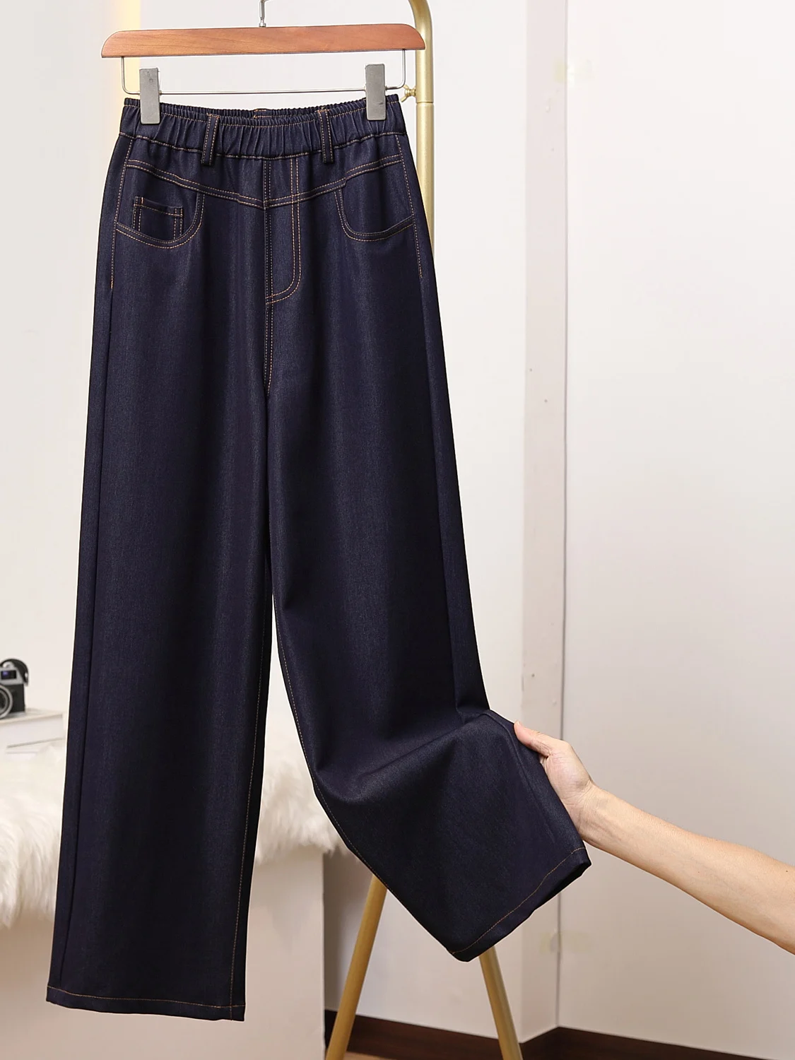 

Прямые джинсы с высокой талией, большие размеры, женские повседневные свободные брюки с эластичной резинкой на талии, утягивающие длинные брюки, весна 2026, корейский сле