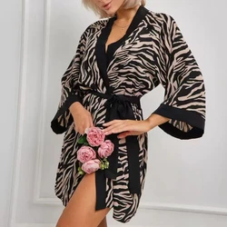 Hot Selling Zebra Print Women's Pajamas Sexy Nightgown Cardigan Lace-up Casual Long Sleeve Lightweight Women's Home Clothes