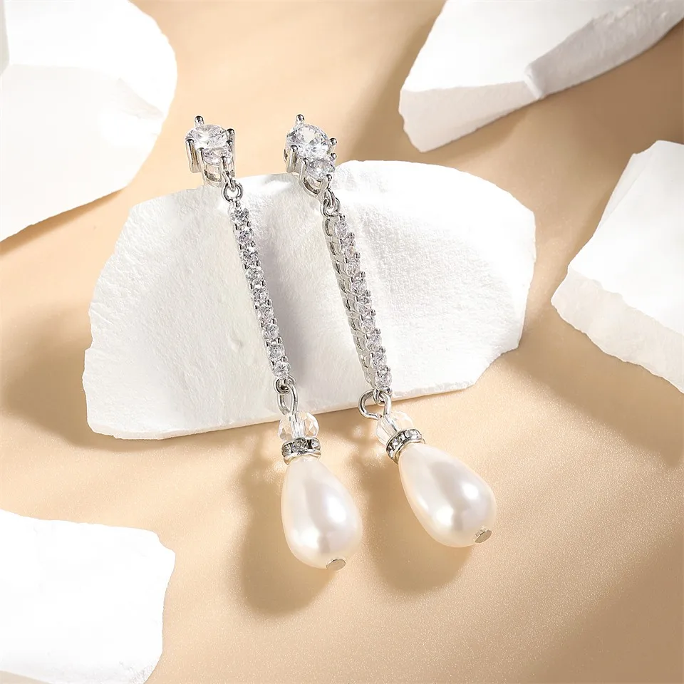 ZAKOL Elegant White Imitation Pearls Drop Earrings for Women Delicate Shiny CZ Zircon Long Earring Bridal Wedding Jewelry