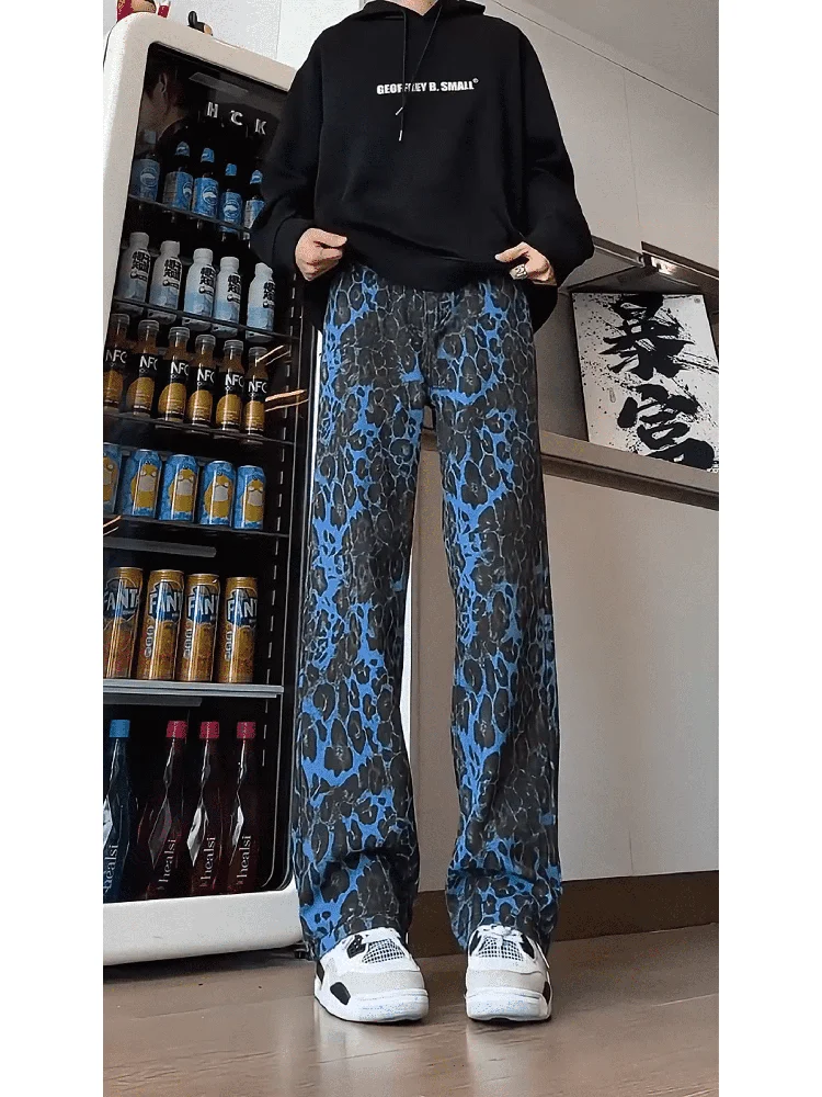 Retro Blue Leopard Print Men's Straight Leg Jeans High Street Sle Casual High Waist Denim Pants Trendy Streetwear