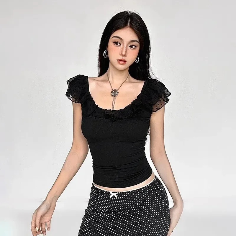 Women's Black Ruffle Trim Crop Top Swiss Dot Mesh Cap Sleeve  Neck Fitted Slim Fit Y2K Coquette Top - view 3