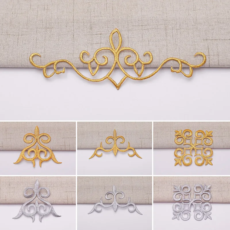 Gold Silver Embroidered Flower Patches DIY Iron Sewing On Wedding Clothes Dress Applique Baroque Fabric Badge Needlework Decor