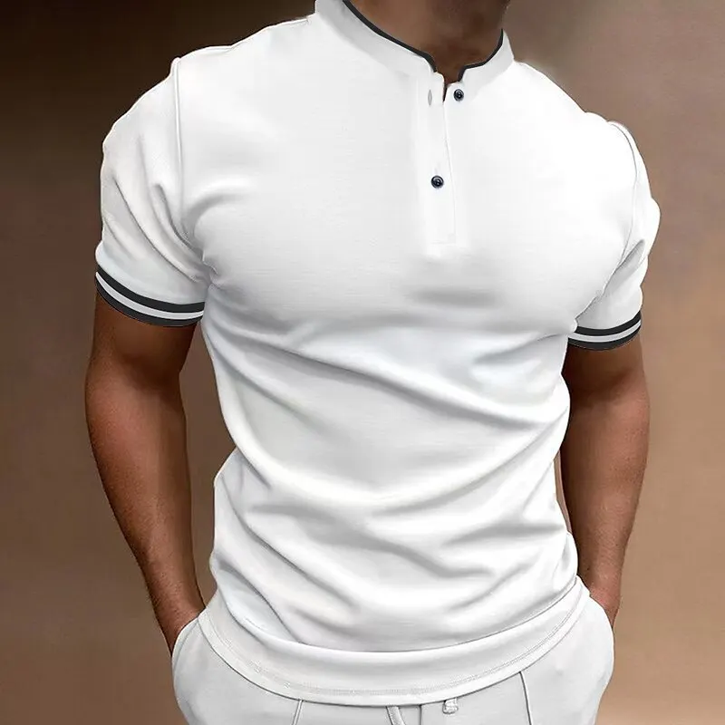 Summer Fashion Casual Stand Collar Buttons Polo-neck T-shirt Male All-match Patchwork Pullovers Top Hombre Contrast Color Tee