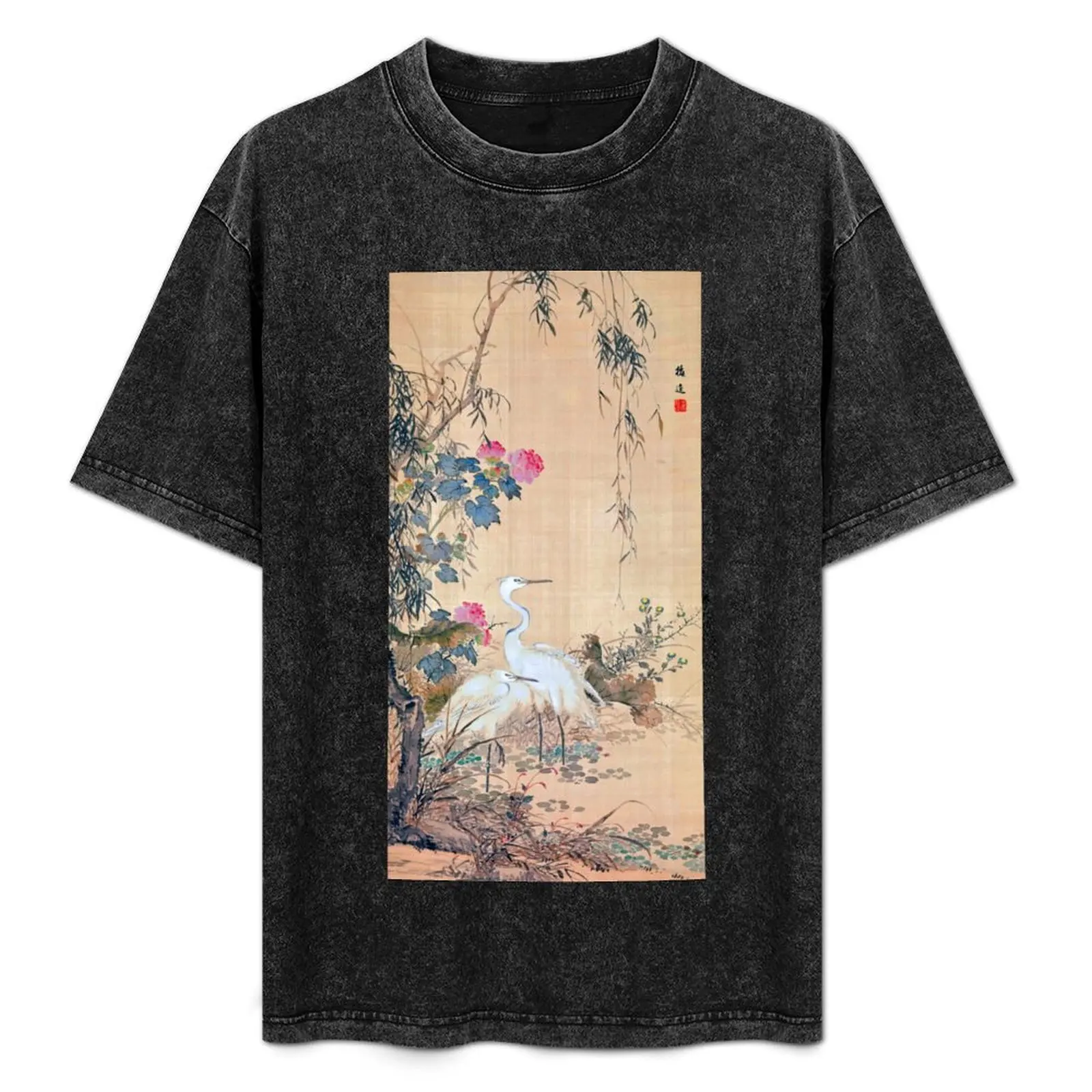 Egrets, Peonies, and Willows (Restored Japanese Artwork) T-Shirt oversized graphic tee summer clothes t shirts for men cotton