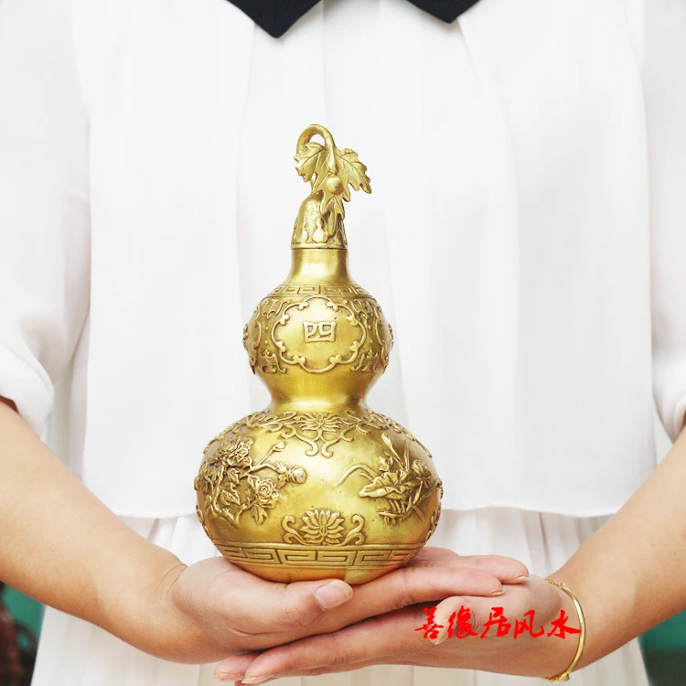 20CM- company shop home TOP efficacious Mascot Talisman bring wealth fortune Chinese FENG SHUI lucky cucurbit gourd brass statue