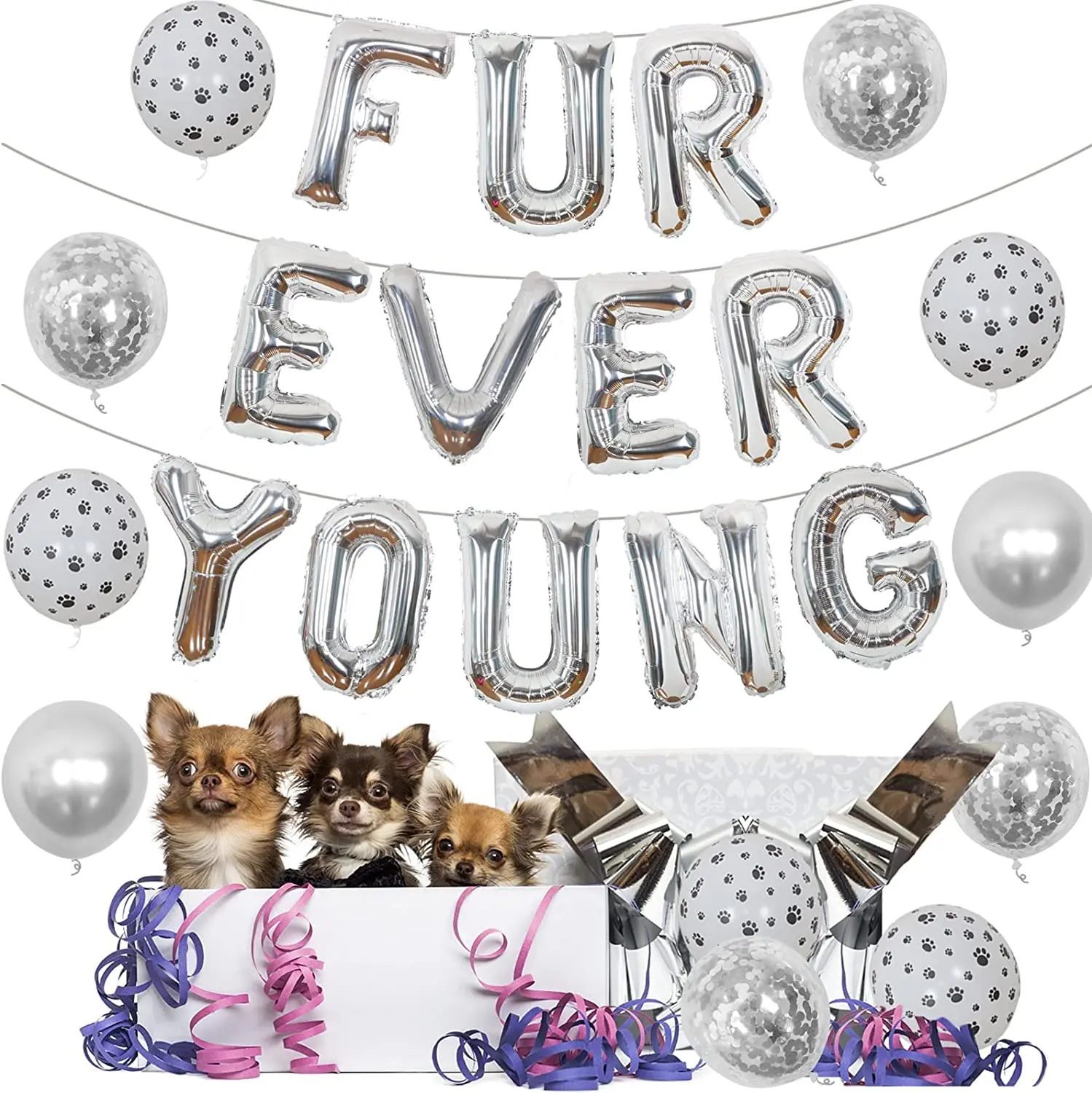 

Dog Birthday Party Supplies Silver with Fur Ever Young Foil Balloon Dog Paw Confetti Balloons for Forever Young Party Decoration