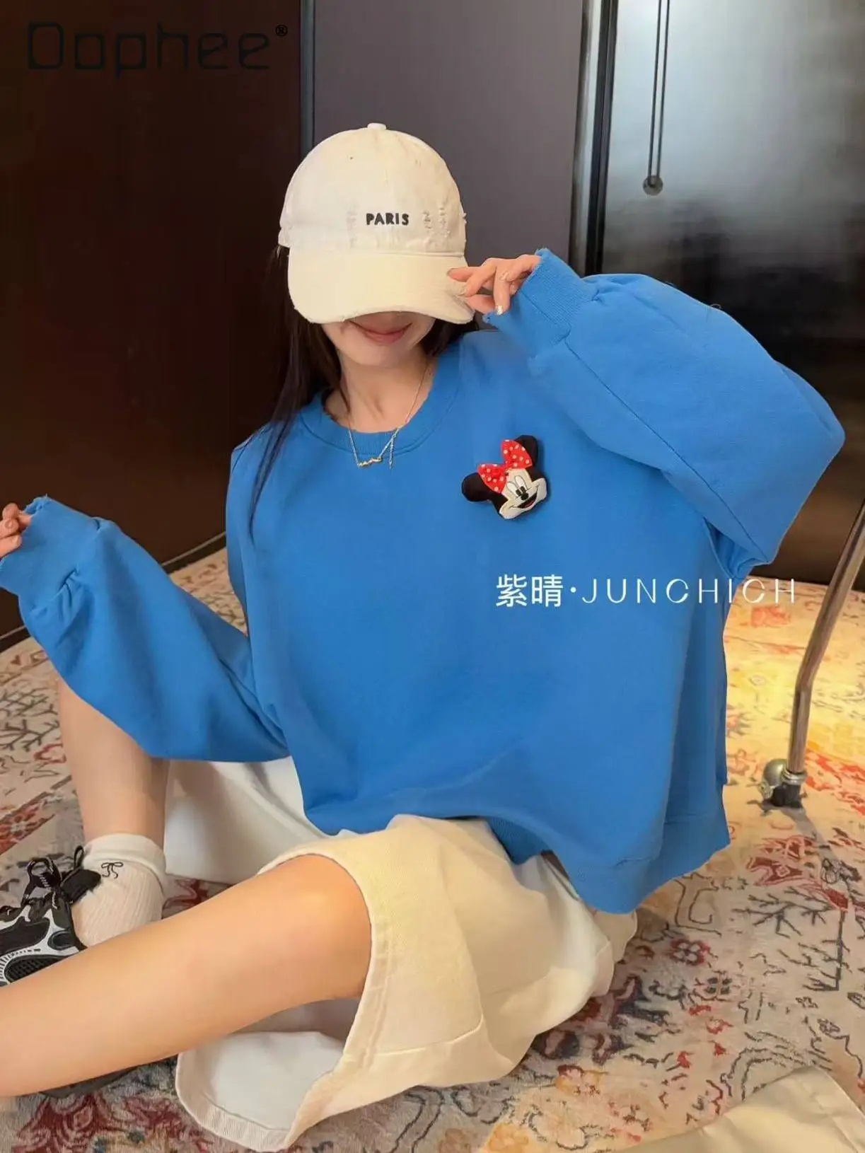 

Новая весенняя повседневная модная толстовка в корейском стиле с милым мультяшным принтом, свободного кроя, с круглым вырезом, короткая, в стиле кавайи