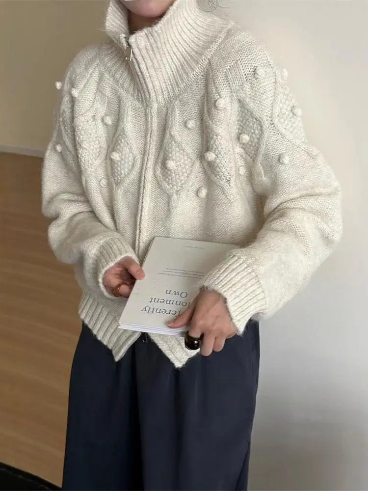 

Осень-зима, бежевый вязаный свитер на молнии с длинными рукавами, корейская версия, женский серый универсальный тонкий кардиган, короткие топы, уличная одежда