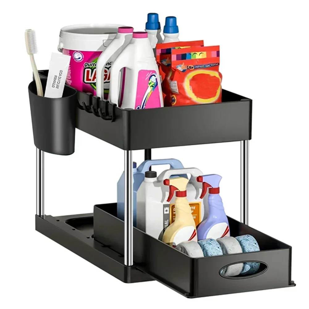 New 2 Tier Under Sink Organizer Sliding Cabinet Basket Organizer Storage Rack with Hooks Hanging Cup Bathroom Kitchen Organizer image 5