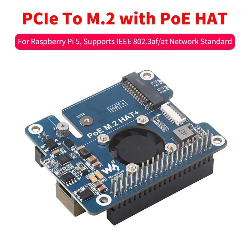 Raspberry Pi 5 PCIe to M.2 Adapter with PoE Support NVMe Protocol M.2 Solid State Drive 802.3af/At Network Standard Pi 5 PoE HAT