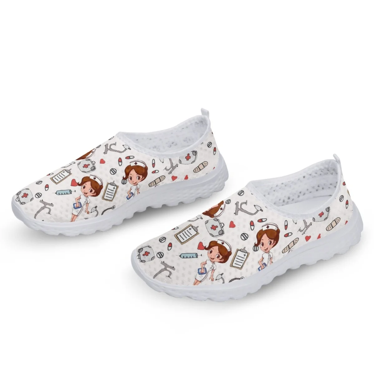 Belidome Cartoon Nurse Shoes White Medical Nurse Print Breathable Walking Mesh Flat Shoes Sneaker Female Footwear Tenis de Mujer