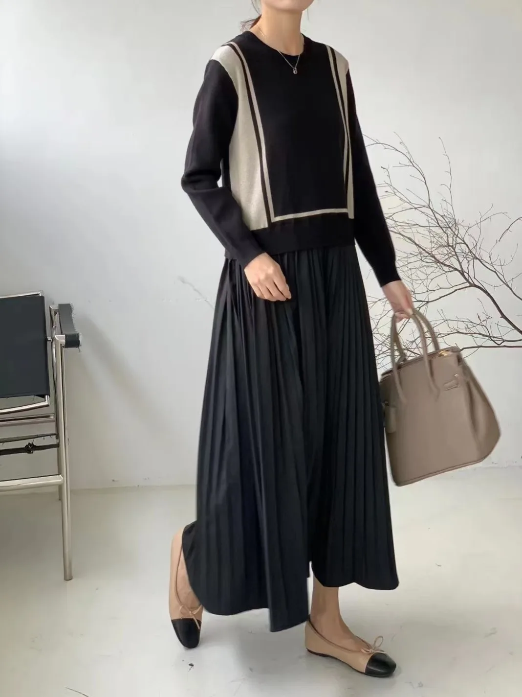 

Knitted Patchwork Pleated Casual Dress Casual Vestido De Festa Longo Long Sleeve Elegant Black Korean Office Loose Vrouw Jurk