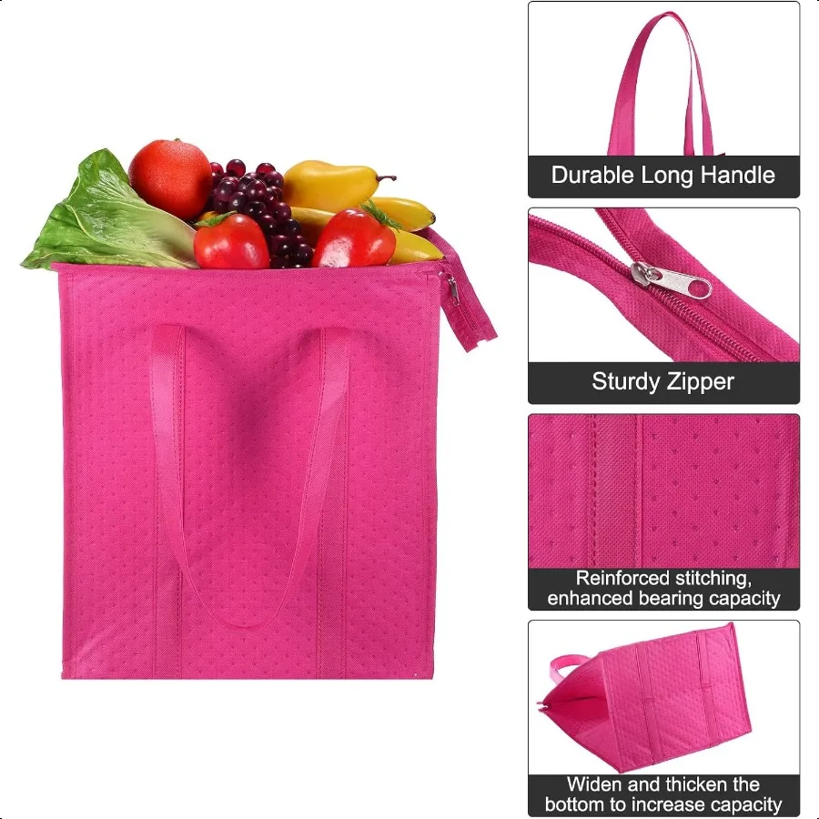 Paquete de 6 bolsas de comestibles reutilizables aisladas, bolsas para llevar aisladas de 13x10x15, bolsas de alimentos con aislamiento térmico no tejido con cremallera Coo
