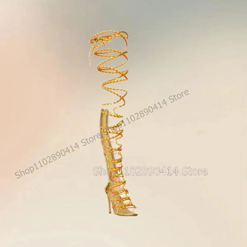 Yellow Knitted Strap Open Toe Twine Sandals Boots Back Zipper Women Shoes Thin High Heels Fashion Party 2026 Zapatos Para Mujere