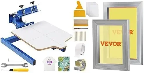 Screen Printing Press 1 Color 1 Station and 2 Pieces Aluminum Silk Frames 8x10/10x14in 110 Count Mesh 2 Tapes