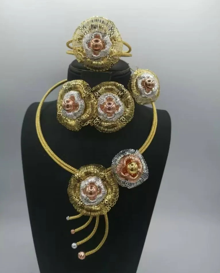 Ethnic Tri-Tone Wire Flower Jewelry Set Necklace Earrings Bracelet & Ring Bold Statement Jewelry for Wedding & Special Occasions