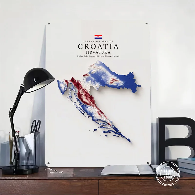 Elevation Map of Croatia Personalized 3D Textured Metal Poster Wall Art Vintage Tin Signs for Luxury Decoration Home Decorations