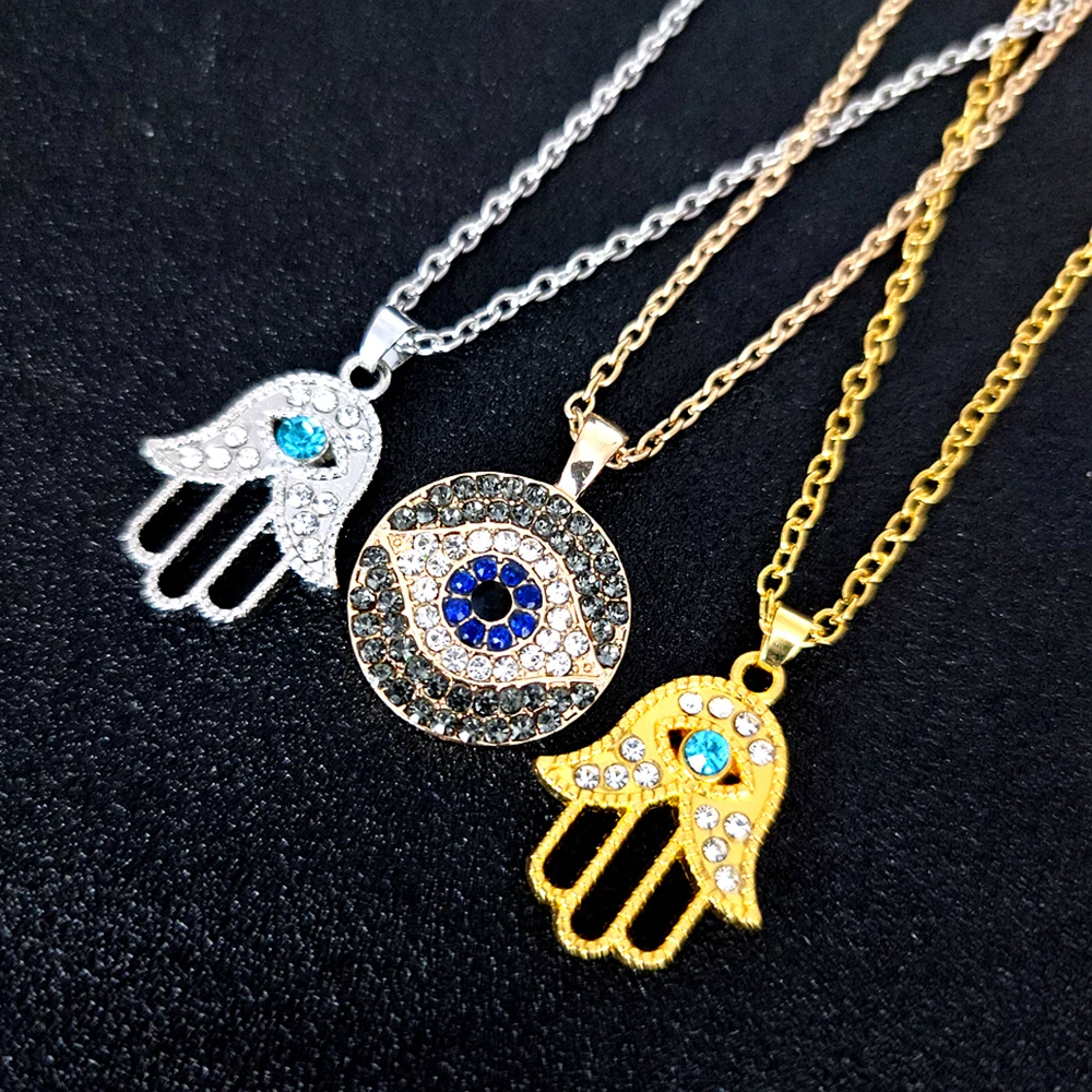 Trendy Blue Eye Pendant Sweater Chains Choker Party Wedding Jewelry Hollow Sun Star Hand of Fatima Evil Eye Necklace for Women