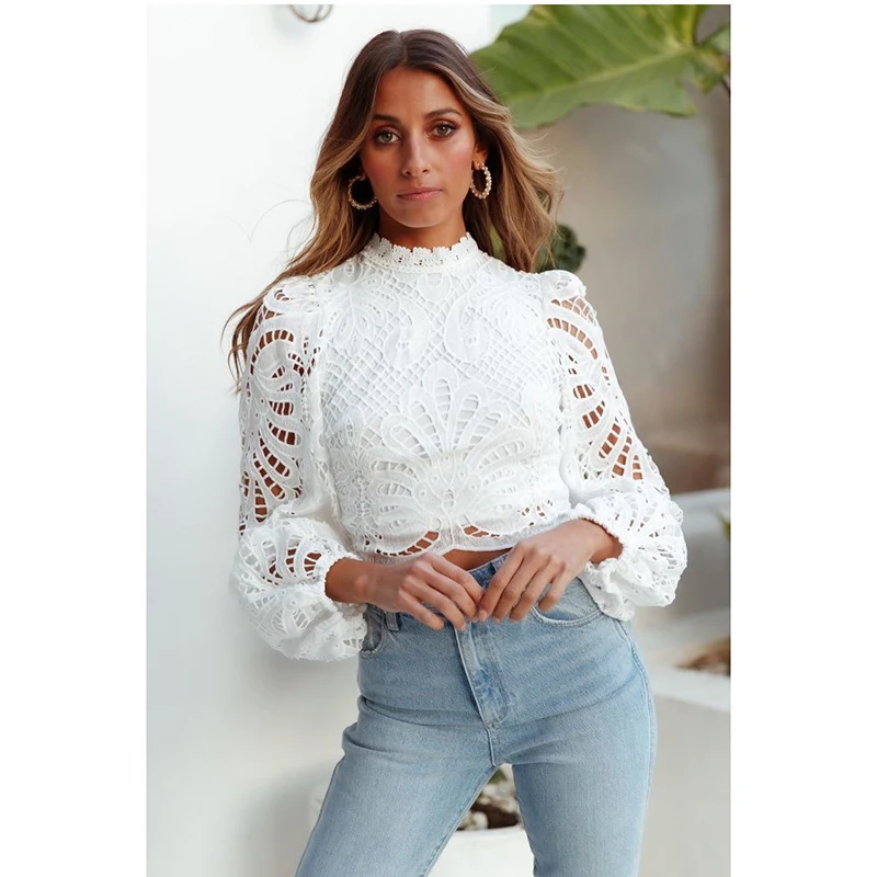 Lace Chiffon Blouses Women Elegant Hollow Out Half High Collar Long Sleeve Womens Tops And Blouses Solid White Shirt Tunic 2023