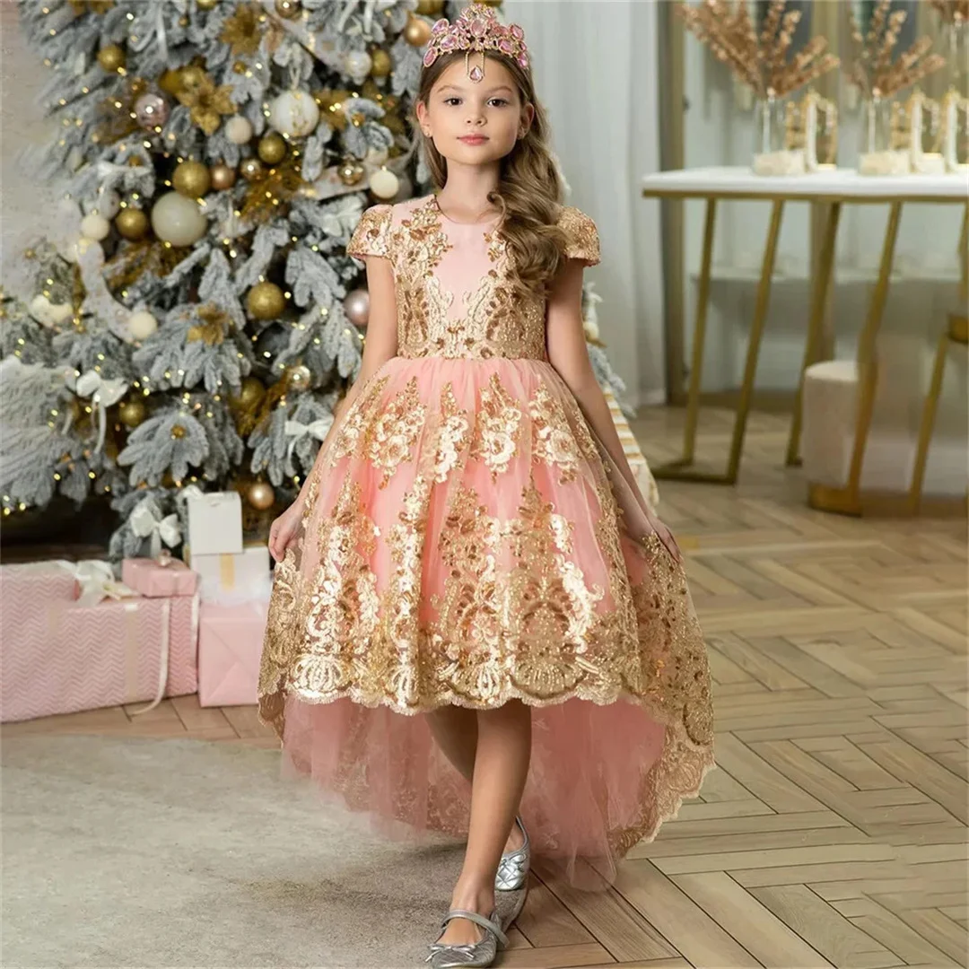 فستان فتاة الزهور الوردي المخصص لحفلات الزفاف مزين بالذهب وأكمام قصيرة منتفخ فاخر للأطفال لحفلات أعياد الميلاد