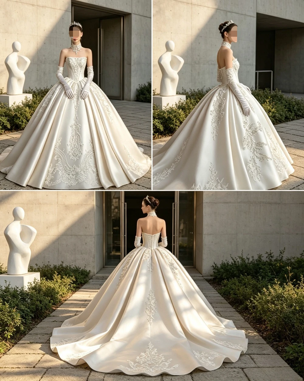 Customized Luxury Satin Strapless Wedding Dress Lace Appliqué Bead Fluffy Princess Bridal Gown Suitable for Formal Occasions