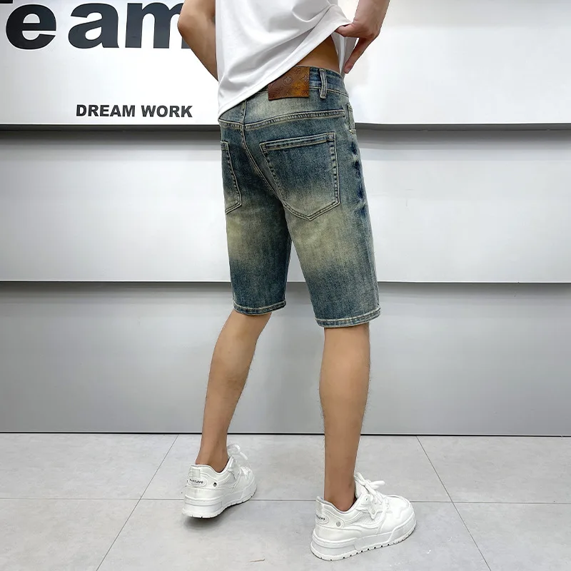 Denim Shorts Men's Retro Washed Nostalgic Fashion Brand Slim Straight Summer Thin Korean Style Elastic Capri Pants