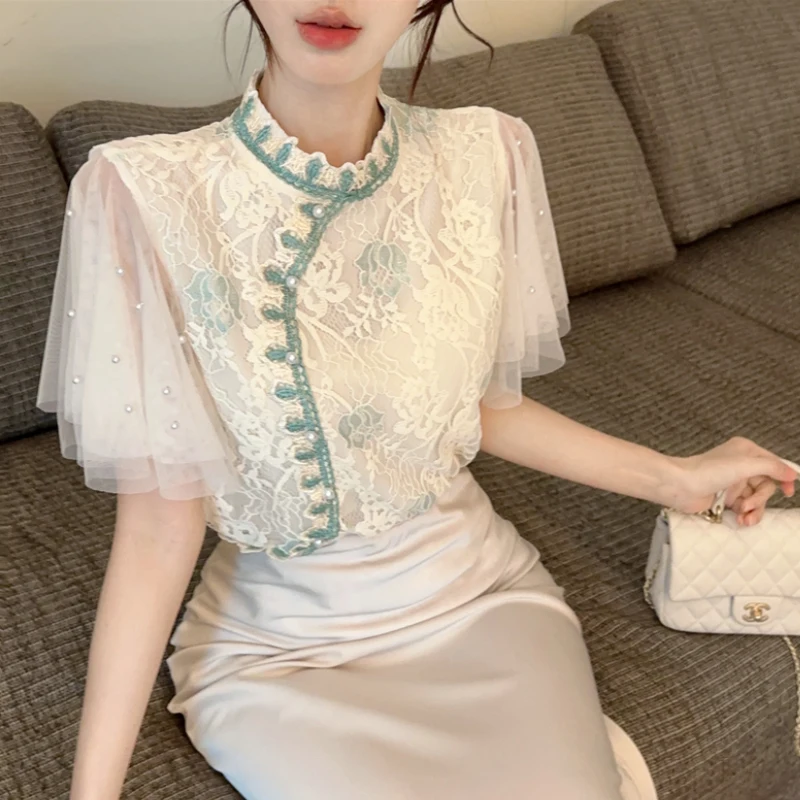 

Новинка 2025 года, топы с 3D вышивкой бисером в китайском стиле, улучшенная кружевная рубашка Cheongsam в стиле ретро, женская блузка с короткими рукавами