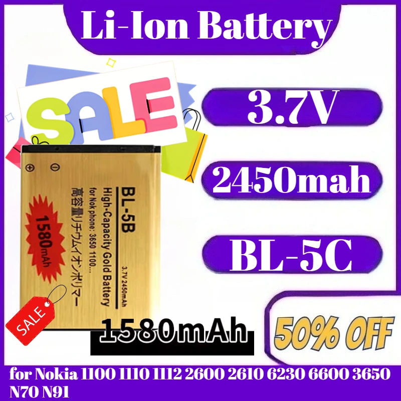 Battery 2450mah · Rechargeable Battery 3.7V for Nokia 1100 1110 1112 2600 2610 6230 6600 3650 N70 N91