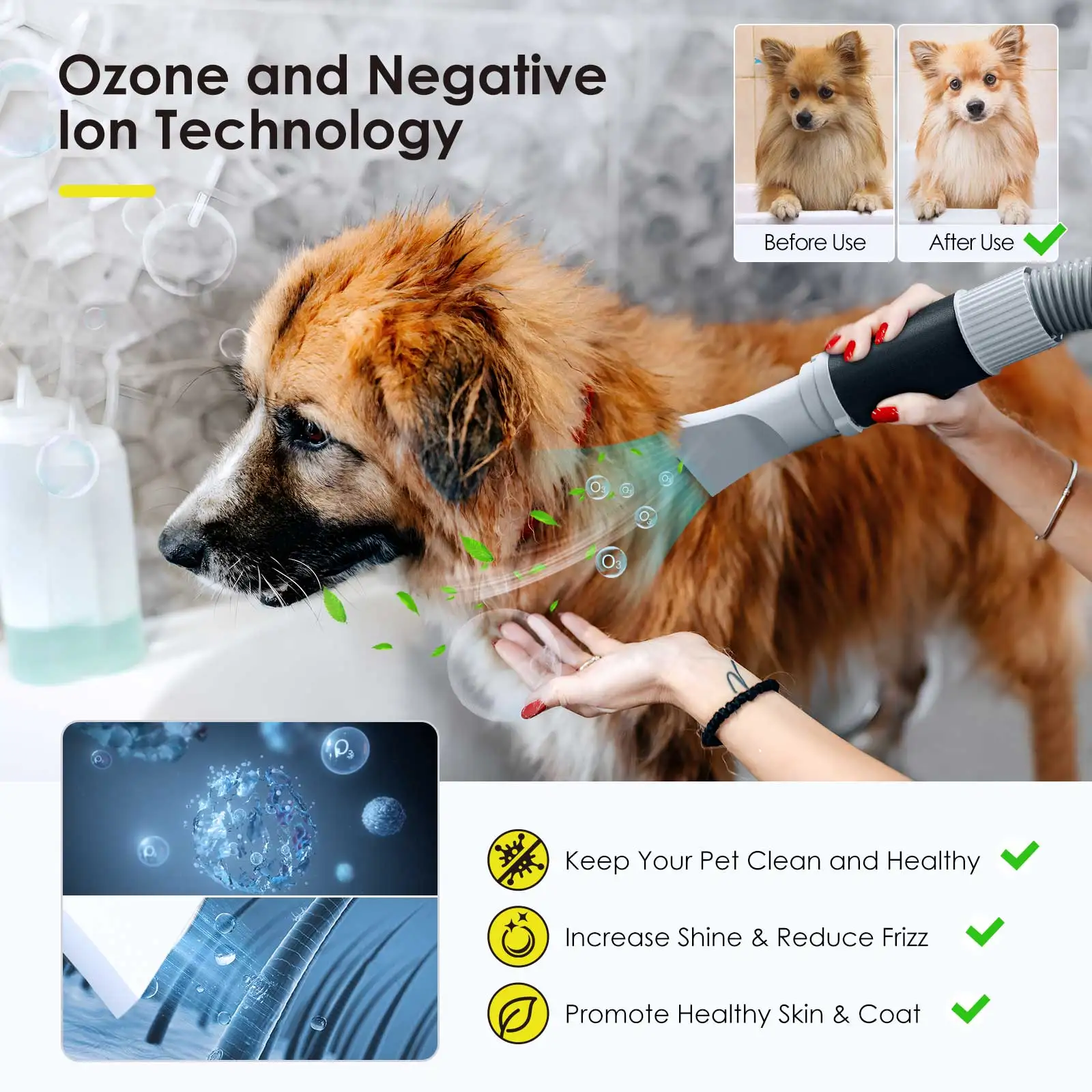 2800W Pet Dog Blow Dryer Adjustable Speed Temperature Control with 4 Nozzles and Extendable Hose for Pet Hair Grooming 110V