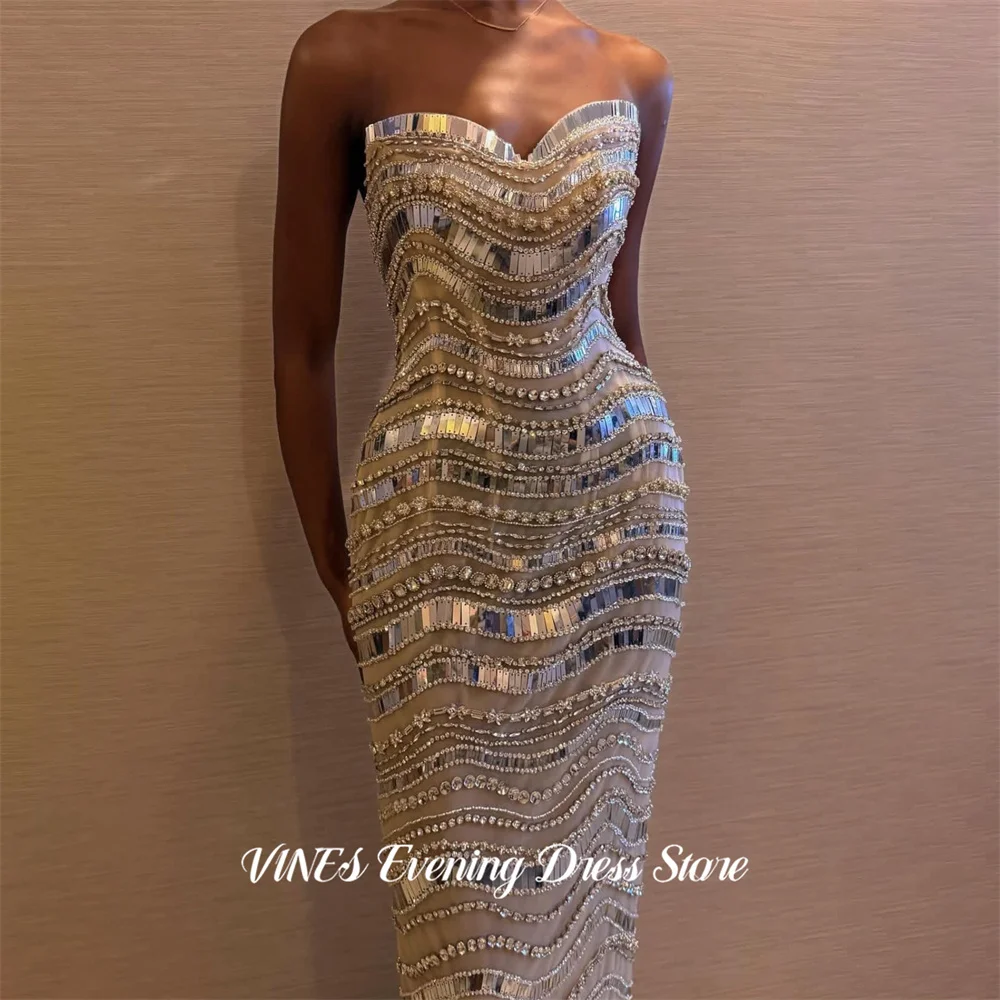 VINES Sliver Prom Dresses Sweetheart Sleeveless Celebrity Dress Full Beaded Bodice Evening Dresses Mermaid Gorgeous Customized