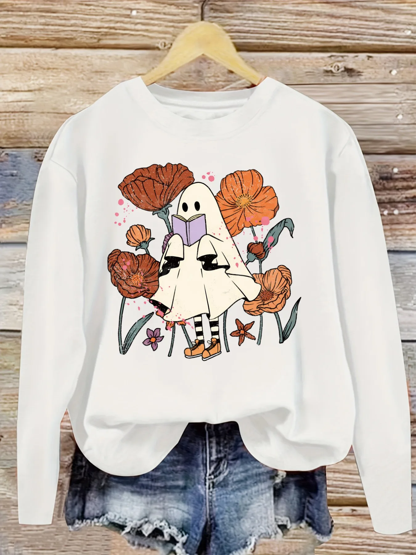 Women's Casual Long Sleeve Crew Neck T-Shirt Ghost Reading Book Among Flowers Design, Round Neck Women's Clothing, Machine Washable, Slightly Elastic, Loose Fit, Spring Autumn Winter Women's T-Shirt, Halloween Costume Outfit view 5