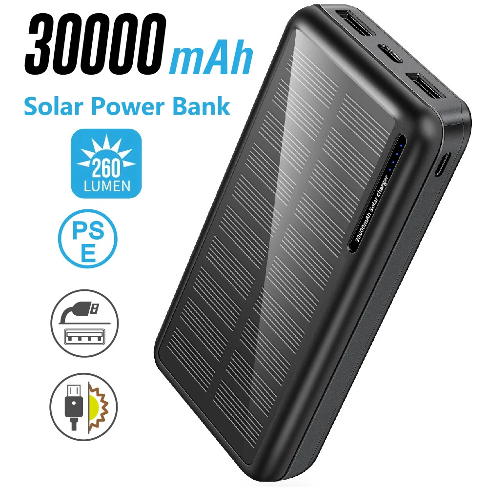 

Solar Power Bank 30000mAh Dual USB Type C Portable Solar Charger Powerbank for iPhone 16 Samsung Huawei Xiaomi External Battery
