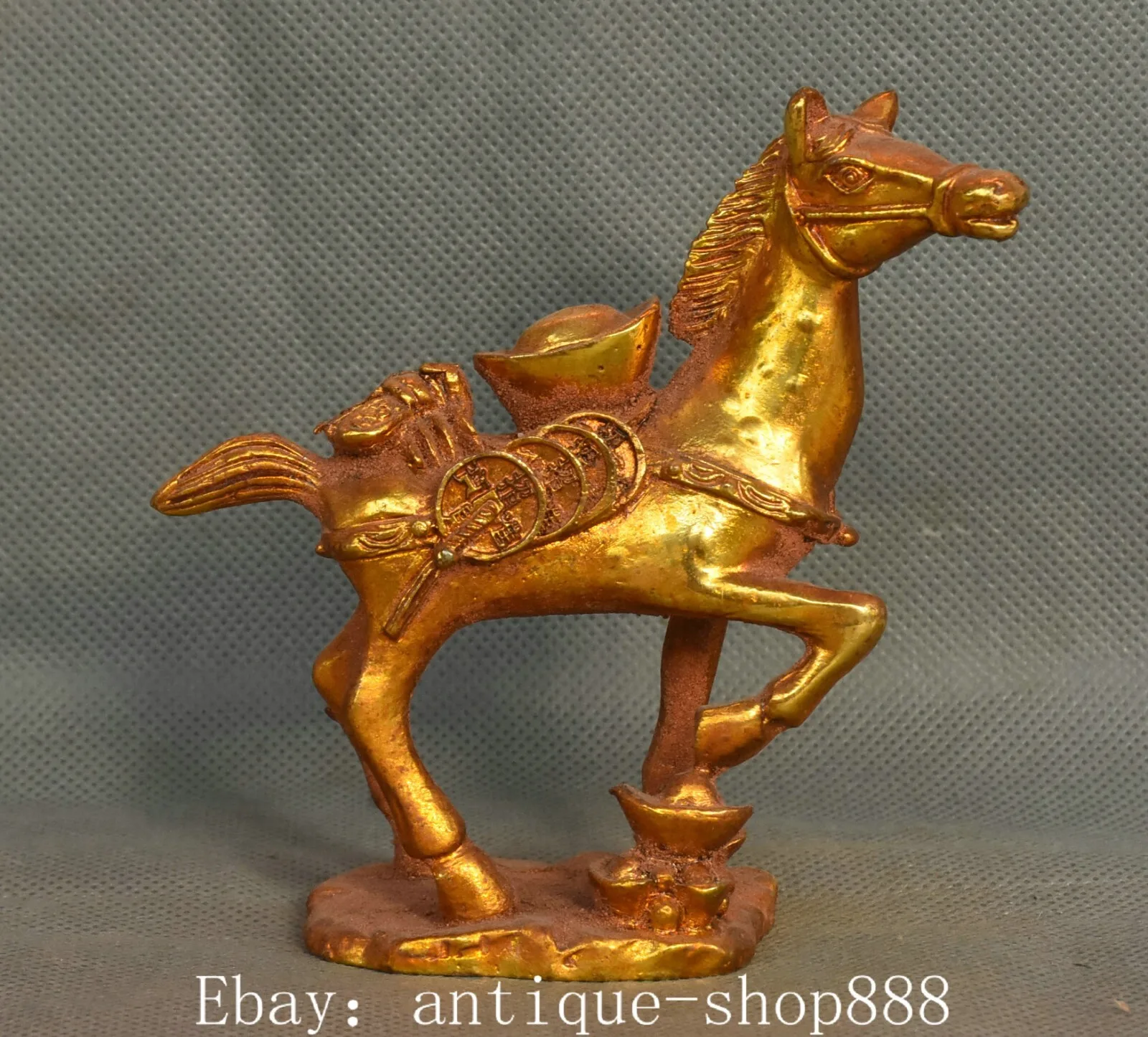 

4 inch Old Dynasty Bronze Gold Plated Horse Animal Coin Yuanbao Fortune Statue -