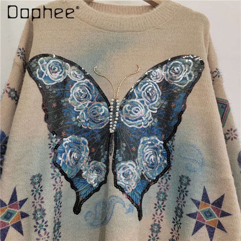 

Heavy Industry Butterfly Embroidery Sequin Round Neck Long Sleeve Sweater Women High-end Beaded Sequin Loose Sweater Autumn