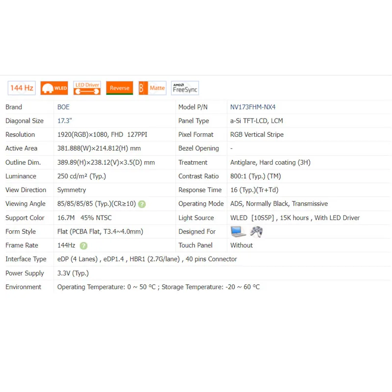 Imagem -05 - Tela Lcd do Portátil para a Substituição Nv173fhm-nx4 Nv173fhm Nx4 1920*1080 Fhd Ips 144hz 40 Pin 173 Dentro