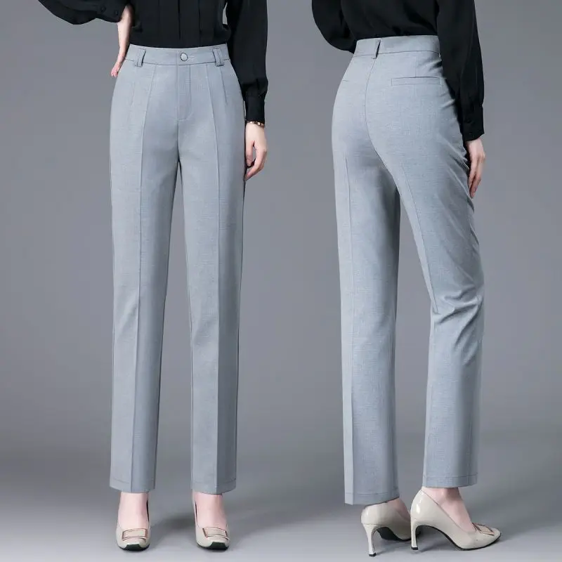 Summer Thin for Women Button Patchwork Pockets Straight Long Trousers Office Lady Solid Color Higt Waist Nine Points Suit Pants