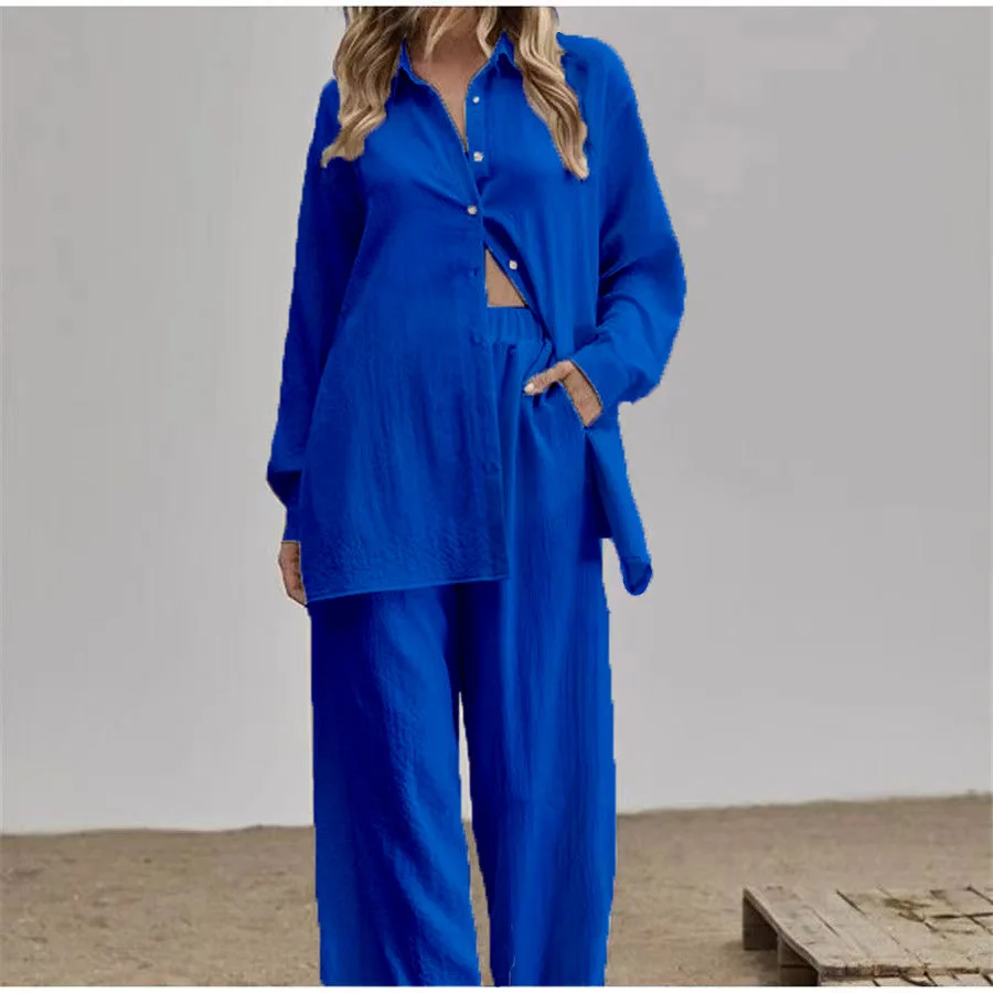 

Женские комплекты брюк с эластичной резинкой на талии, комплект из двух предметов, рубашки с отложным воротником, однобортные блузки с карманами, повседневные комплекты, однотонные