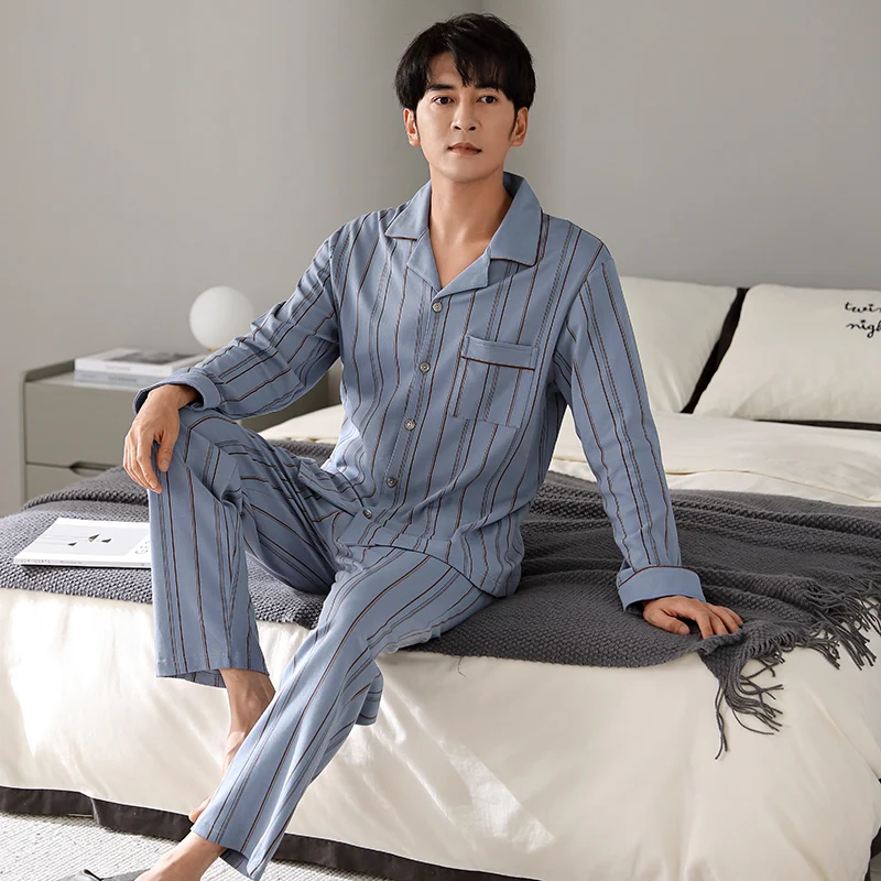 2024 Winter Cotton Pajama Men Blue Stripe Sleepwear Warm Pyjama Homme Home Clothes PJ Set 100% Cotton Pijama Hombre Invierno