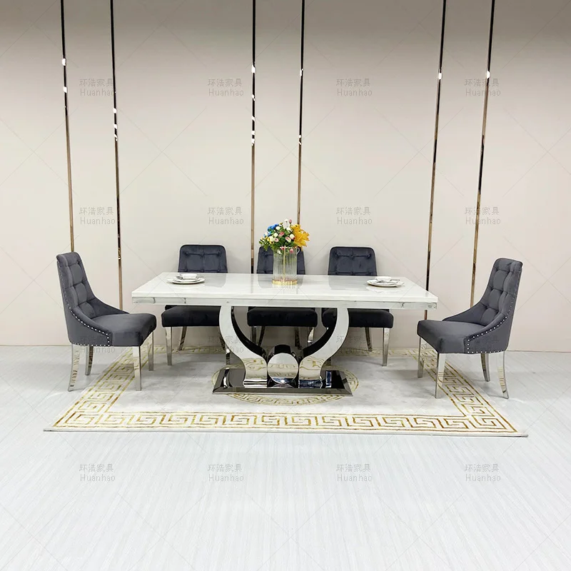 Modern Cheap High Quality Dining Room Silver Gold Stainless Steel Frame Marble Top Square 6 8 Seater Dining Tables Sets