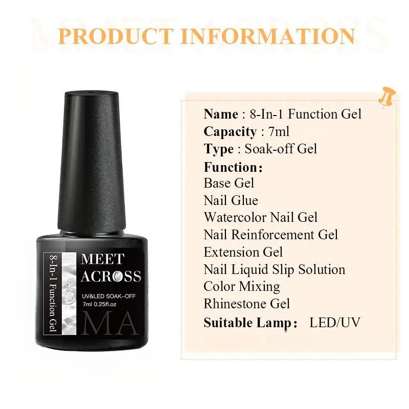 MEET ACROSS 7ml 8 In1 네일 젤 베이스 블루밍 익스텐션 강화 라인스톤 젤 & 네일 글루 슬립 솔루션 컬러 믹싱으로 사용