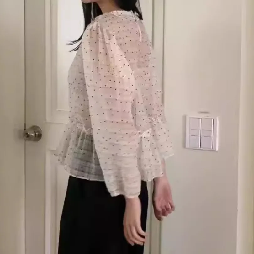 レディース シャツ 春秋 東大門 新スタイル 多用途 優しい シースルー 水玉模様 レーストリム トップス バブルスリーブ 薄手