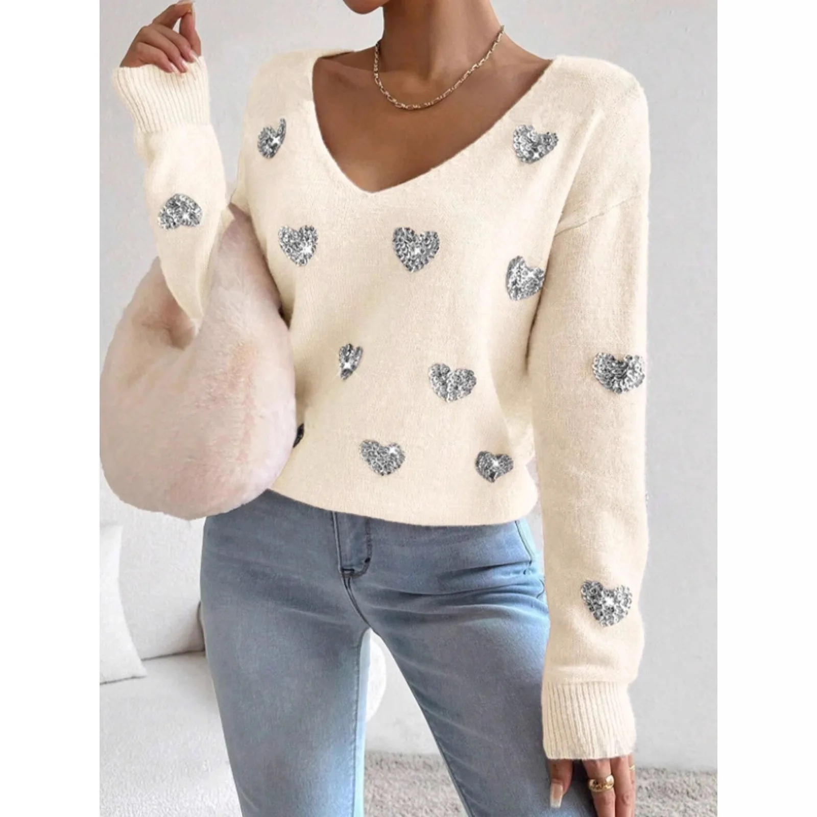 Damen-Pullover mit Pailletten-Liebes-Stickerei, V-Ne-Pullover, lang, Sve Frühling 2026, Faion, Damen-Strickwaren, lässig, bequem