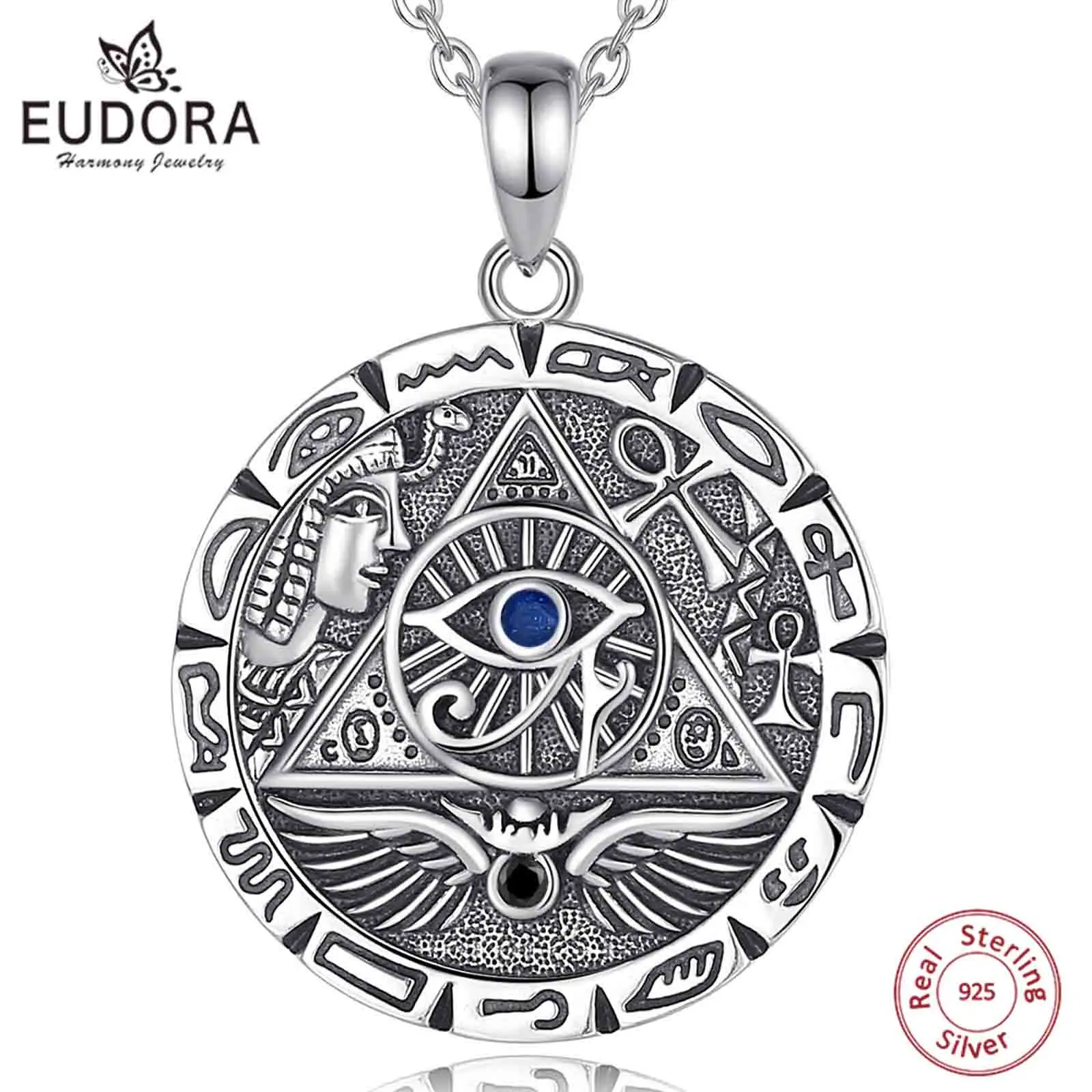 

Eudora 925 Sterling Silver Egypt Pyramid All Seeing Evil Eye Illuminati Necklace Egyptian Cross Amulet Pendant Man Women Gift