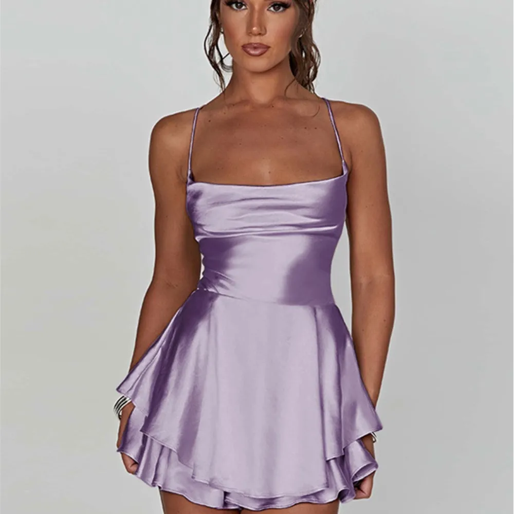 Satin Pleated Suspender Dress Summer Women's New Sexy Backless Drawstring Tube Top Solid Color Sleeveless Frock Ropa Mujer