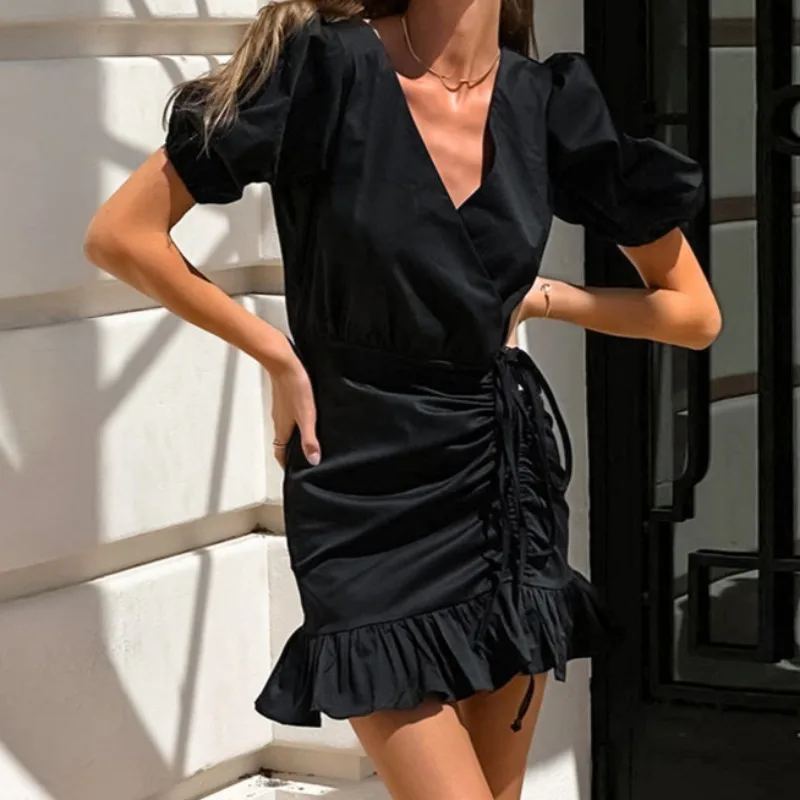 Women Black High Waist Pleated Dress Temperament Commuting Summer Women's Clothes New Fashion Female Puff Sleeve Wrap Hip Dress