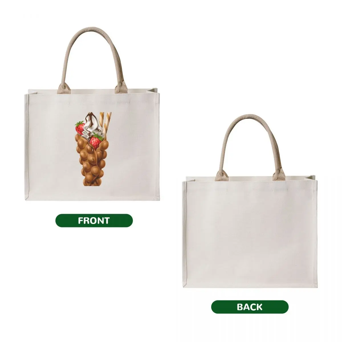 Gofre de burbujas de huevo, helado de vainilla con fresa y cobertura de Chocolate, bolso de compras, bolso de tela para mujer