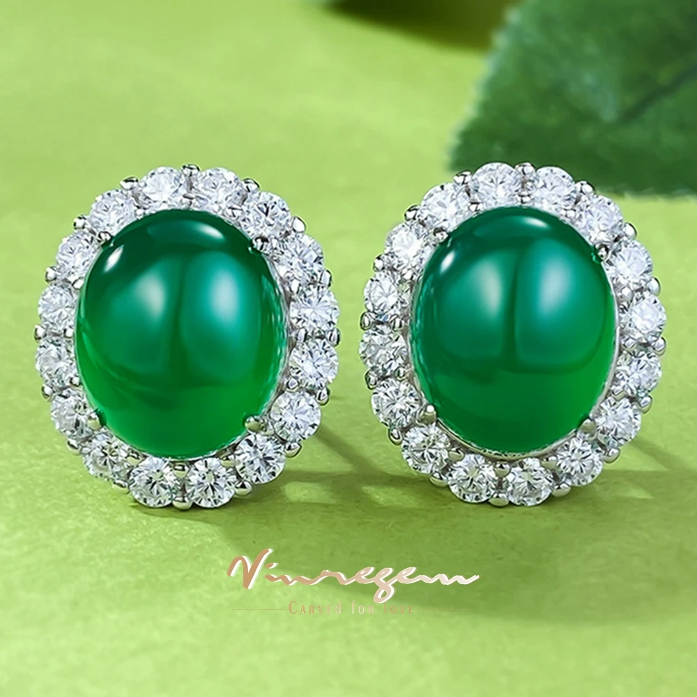 

Vinregem 10*12 MM Oval Green Jade High Carbon Diamond Gemstone Ear Studs Earrings For Women Vintage 925 Sterling Silver Jewelry